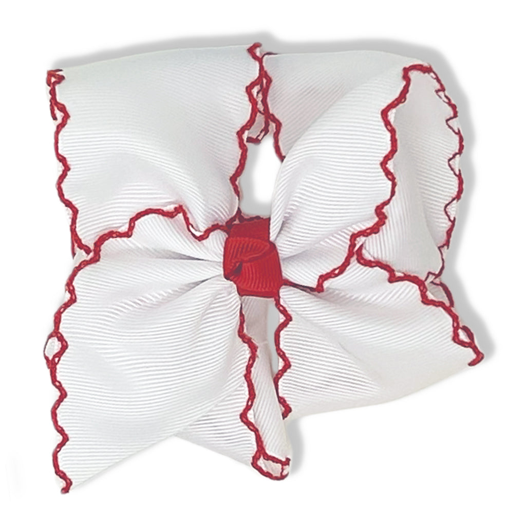 White Bow with Red Moonstitch Trim