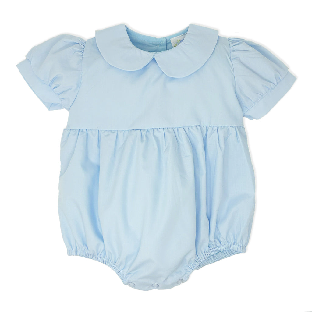 Light blue baby bubble romper with a collar on a white background