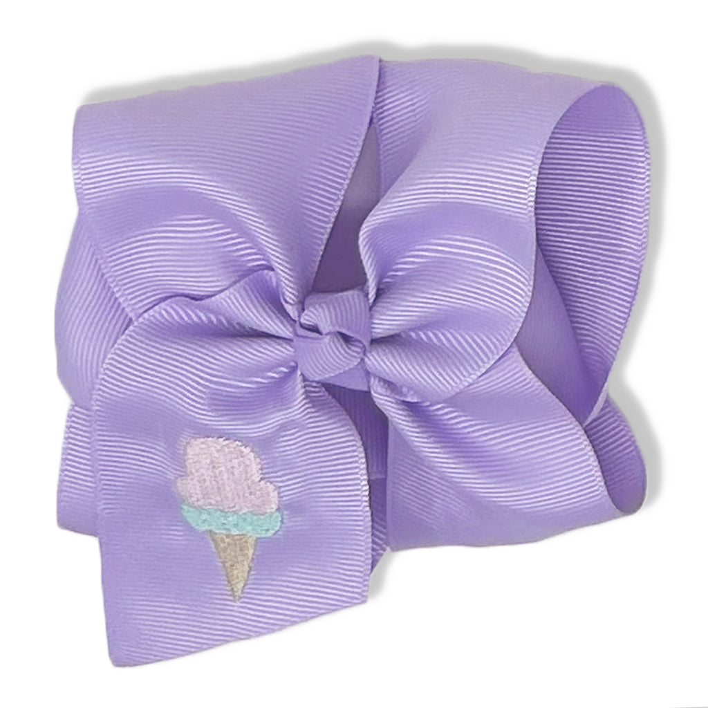 Lavender Hair Bow with Ice Cream Cone Embroidery