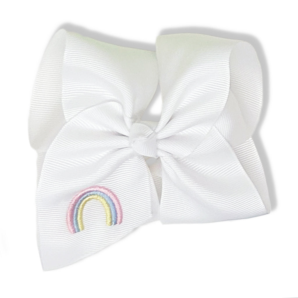 White Hair Bow with Pink, Blue and Yellow Rainbow Embroidery
