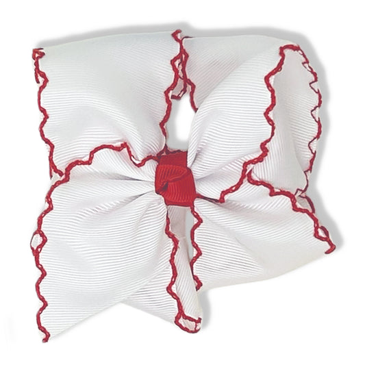 White Bow with Red Moonstitch Trim