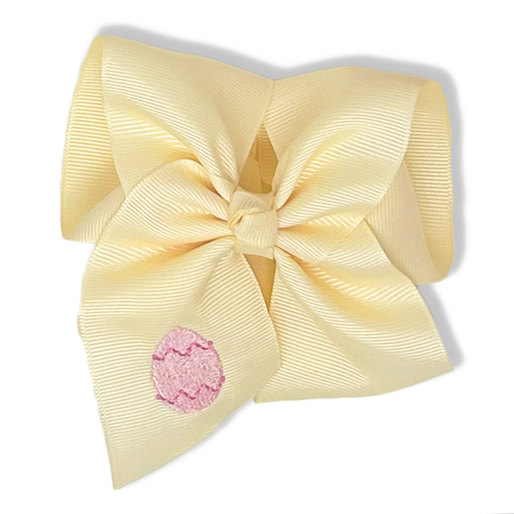 Yellow Hair Bow with Pink Easter Egg Embroidery