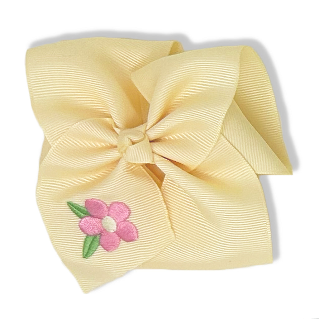 Butter Yellow Hair Bow with Flower Embroidery